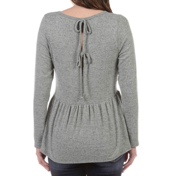 NWOT Moa Moa Green Grey Peplum Tie Back Hacci Top - Picture 2 of 5